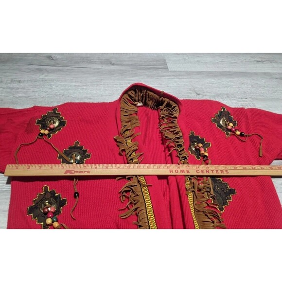 Vintage Aztec Long Red Sweater Cardigan Southwest Fringes Women's OSFA - Picture 11 of 11